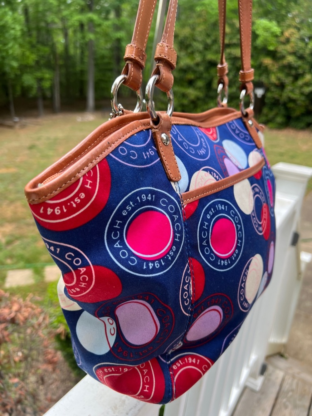Coach Leah Polka Dot Print Navy Multicolor Signature Circle Print Tote-14×9×5 - Picture 8 of 16